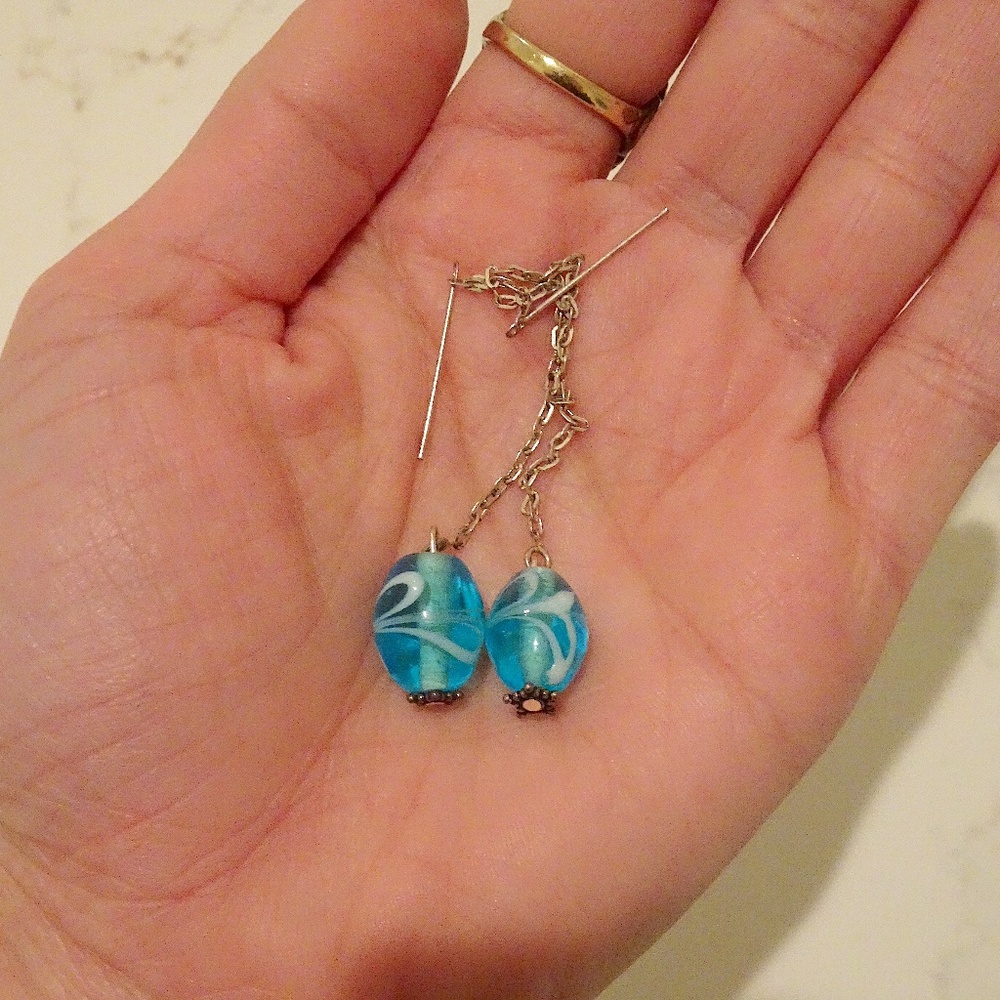 Boho Aqua Translucent Blue & White Marbled Glass Bead Silver Ear String Earrings